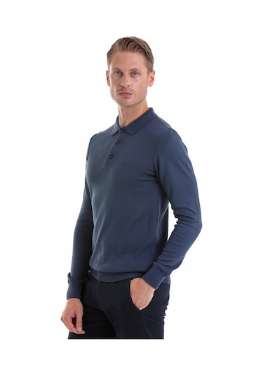 Hatemoğlu İndigo Regular Fit Düz Polo Yaka Triko Kazak İndigo
