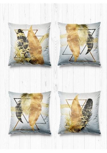 Çift Tarafı Farklı Desenli Süet 4'lü Kırlent Kılıfı-Gri Mermer ve Altın Tüyler