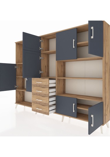 Arges Dolap 9 Raflı 4 Çekmeceli 8 Kapaklı 220x30x163 Çam-antrasit Çam-antrasit/çam