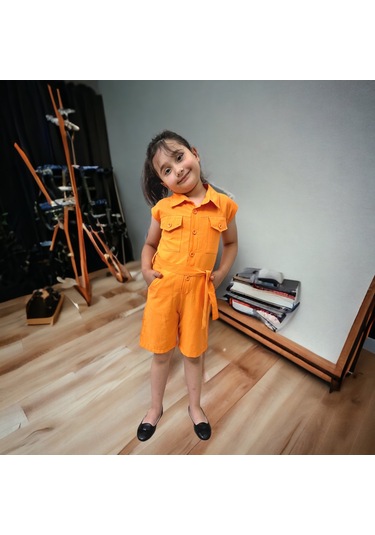 Esterella Düğmeli Cep Detaylı Turuncu Kısa Tulum Turuncu