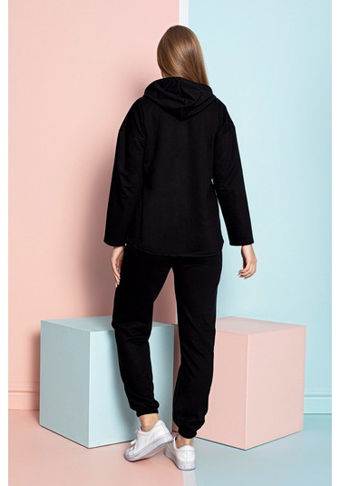 Nisanca Mevsimlik Kapüşonlu Kadın Eşofman Takımı - Ev Giyim Siyah