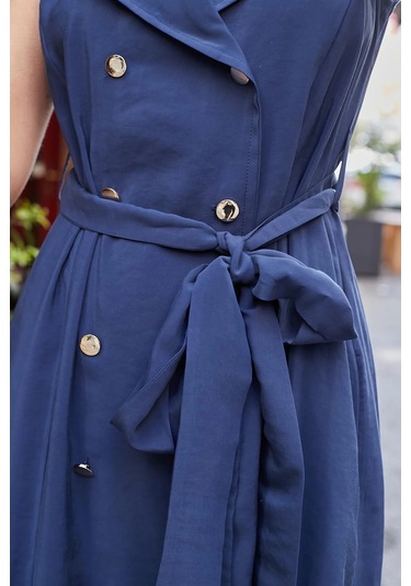 Kadın İpeksi Modal Likrasız Kumaş Anvelop Kruvaze Yakalı Cepli Bağcıklı Midi Boy Diz Altı Elbise-lacivert Lacivert