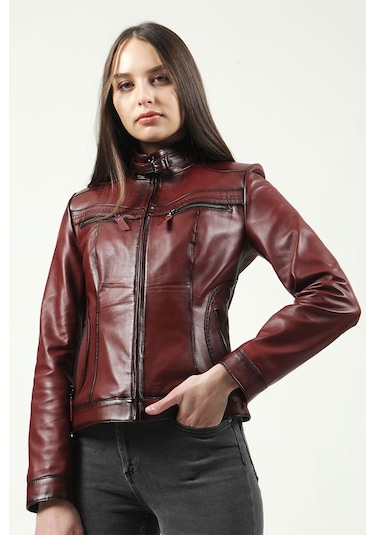 Dericlub Yb-2107 Gerçek Deri Kadın Mont Bordo