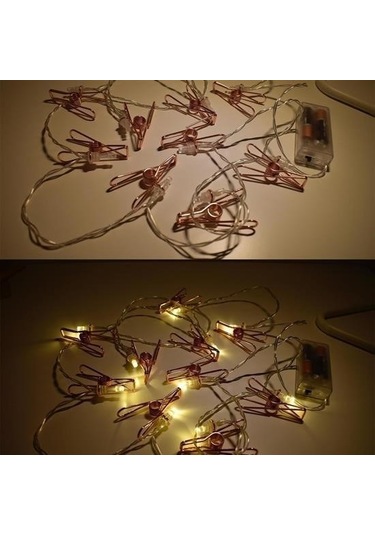 Hobibahçem Bakır Renkli Led Işıklı Fotoğraf Asma Işık Süsleme Mandalları Beyaz