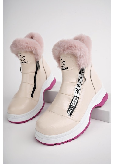 Muggo Bubble Garantili Kaymaz Taban İçi Kürklü Yandan Fermuarlı Çocuk Bot Pudra