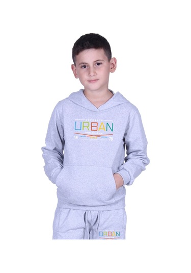 Kapüşonlu Kanguru Cepli Urban Yazı Baskılı Erkek Çocuk Eşofman Takımı Gri