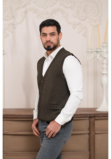 Woolen World Regular Fit Ön Cepli Kolsuz Erkek Triko Yelek Kahverengi