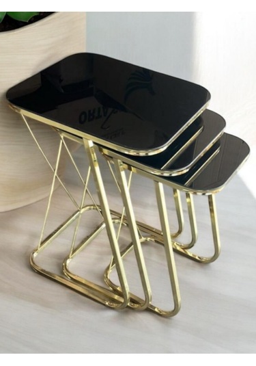 3'lü Kare Zigon Sehpa Seti Gold Ayak Siyah Cam Siyah