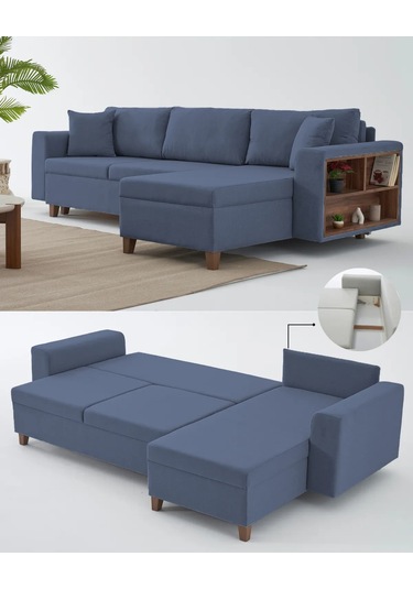 Rengar Köşe Takımı & Yataklı Bazalı Keten Kumaş Köşe Koltuk Takımı - Mavi V119 Mavi