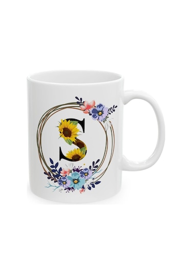 S Harf Baskılı Hediyelik Baskılı Porselen Beyaz Lüks Kupa Bardak Beyaz