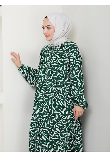 Desenli Önü Büzgülü Viskon Elbise - Yeşil / E0131 Yeşil