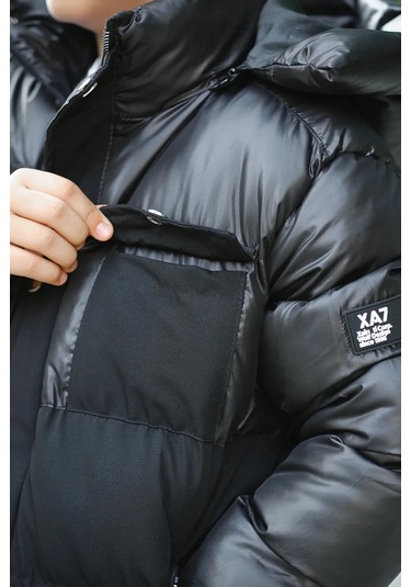 Erkek Çocuk Önü Çift Kapak Cepli Kapüşonu Çıkabilen İçi Peluş Astarlı Siyah Renk Mont Siyah