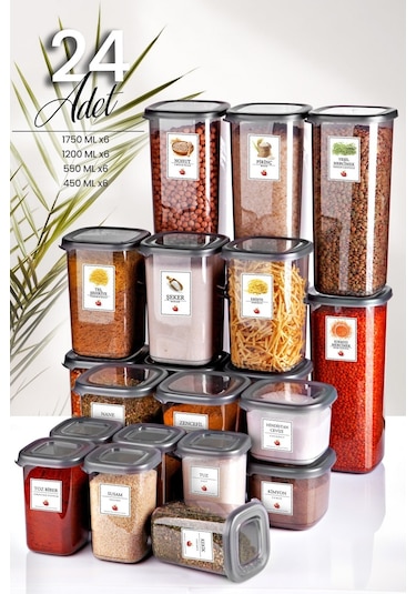 KitchenLife 24'lü Etiketli Modernity Kare Erzak Saklama Kabı Seti 6x1750 ML+ 6x1200 ML+6x550 ML+6x450 ML