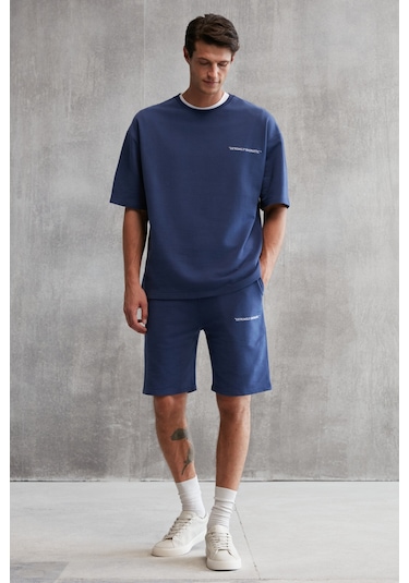 Colombıa  Erkek 2'li Set Comfort Fit Rahat Kalıp Yazı Nakışlı Şardonsuz Lacivert Eşofman Takımı