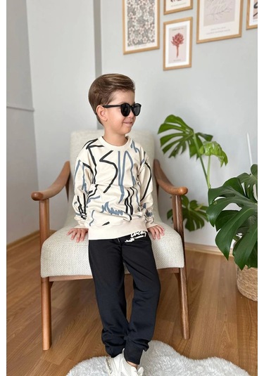 Çizgi Desenli Siyah Renk Erkek Çocuk Eşofman Takım Siyah