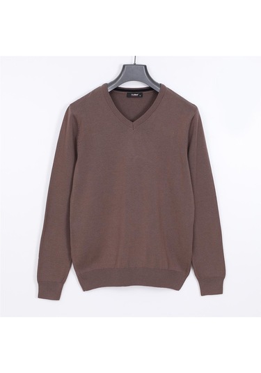 Erkek Şardonsuz Uzun Kol İnce V Yaka Kazak - 180537 - Sütlü Kahve Sütlü Kahve
