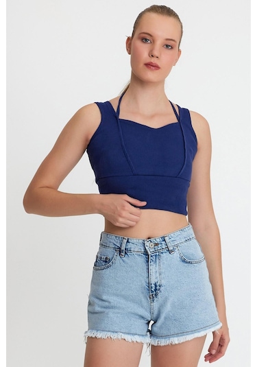 Polo State Kadın Ense Biye Detaylı Crop İndigo