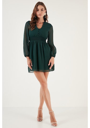 Lela V Yaka Regular Fit Gipeli Düğme Detaylı Şifon Mini Bayan Elbise 611El01433 Zümrüt