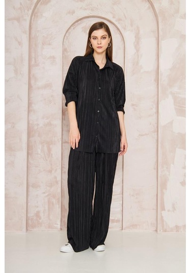 Kadın Pliseli Beli Lastikli Pantolon Tunik Gömlek Ikili Bürümcük Salaş Takım 3573300 Siyah