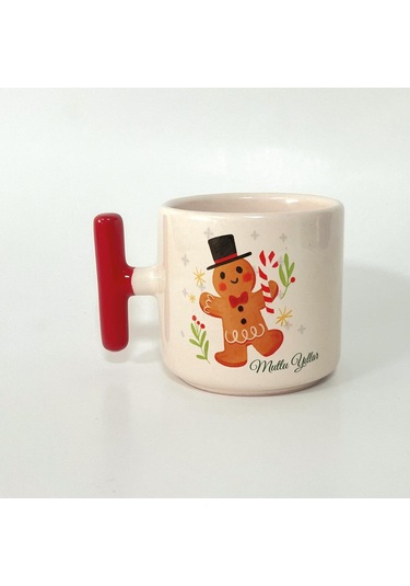 Mor Mürekkep Mutlu Yıllar Kurabiye Adam Baskılı Kırmızı Kulplu T Yılbaşı Kupası