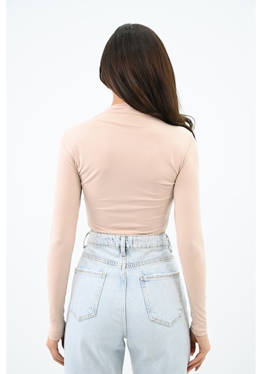 Kadın Dik Yaka Drapeli Kapaklı Crop Bluz 1655-24 001