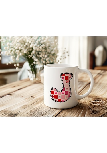 J Harfi Pembe Kareli Kalpli Göz Emojili Kupa Bardak Eğlenceli Kareli Tasarım Kahve Çay Kupası 07 Beyaz