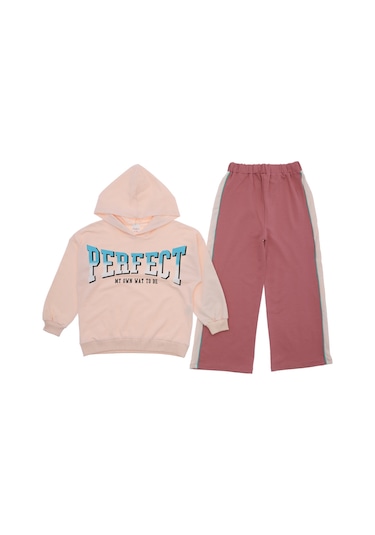 Kız Çocuk Eşofman Takım Kapüşonlu Pudra