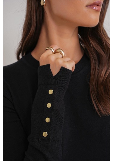 6736 Kadın Bisiklet Yaka Kolu Droplu Triko Kazak Siyah Siyah