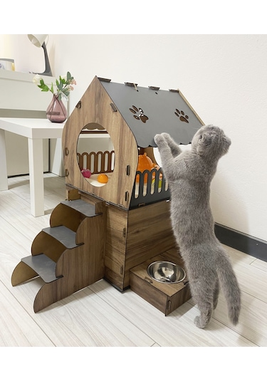 Nursoft Dekoratif Teraslı Kedi Evi ve Mama Kabı Seti 51 x 65 CM