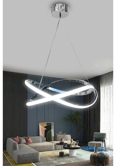 Dalga Modern Sarkıt Led Avize - Salon - Oturma Odası - Mutfak Avizesi - Beyaz Işık - Krom Krom