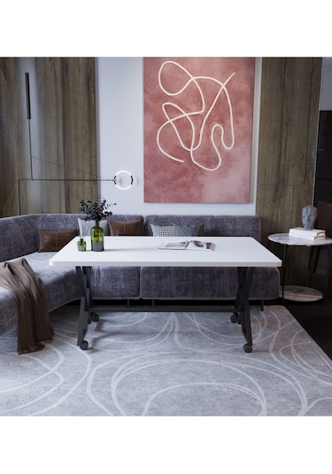 Makbulce Reyyan Orta Sehpa Siyah Metal Ayak Tekerlekli Beyaz