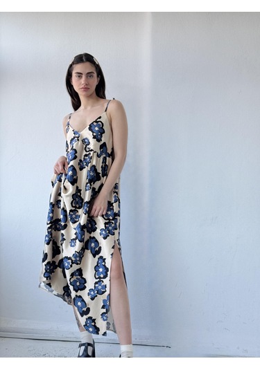 Retrobird Tasarım June Saten Yüzeyli Askılı Yırtmaçlı Elbise Kadın Krem-13780 KREm