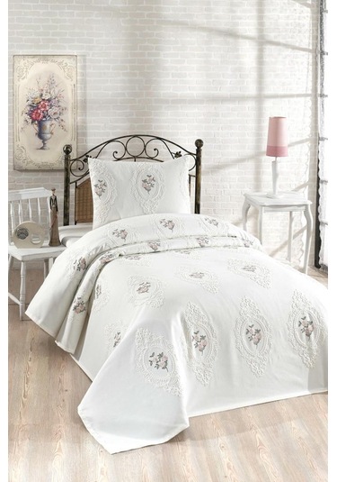 Gardenlove Nakışlı Şönil 2 Parça Tek Kişilik Yatak Örtüsü Krem Krem