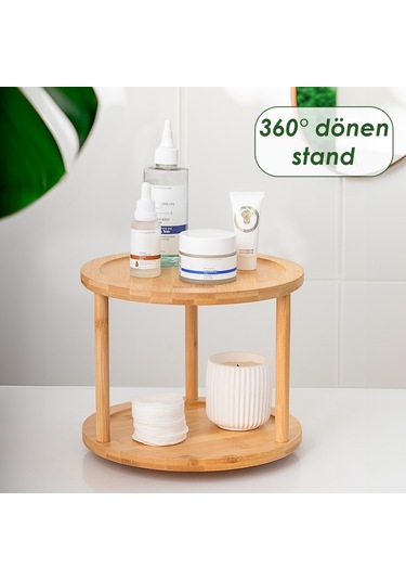 Porsima 76073 Bambu Döner Standlı Sunumluk Makyaj Organizeri Ahşap 2 Katlı Düzenleyici Baharatlık Standı