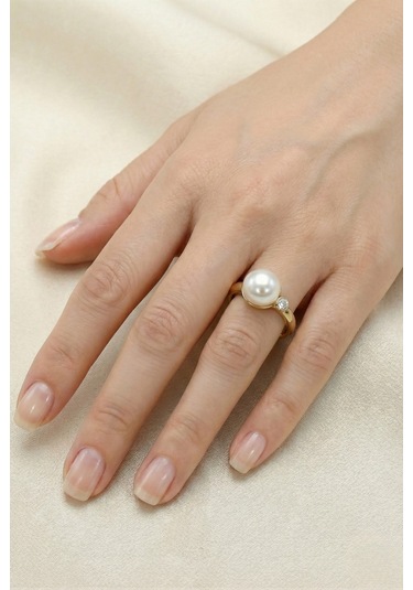 Pırlantalı Doğal İnci Yüzük 9 Mm Sarı