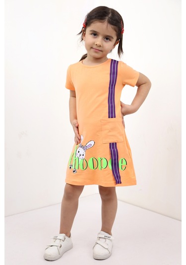 Toontoy Kız Çocuk Cepli Şeritli Tavşan Baskılı Elbise Turuncu