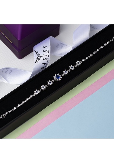 Lacivert Zirkon Taşlı Çiçek Model 925 Ayar Gümüş Kadın Bileklik Gümüş