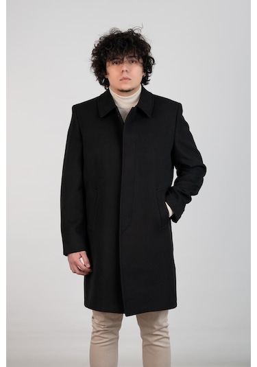 Yakalı Klasik Kesim Düğmeli Uzun Kaşe Erkek Kaban Siyah