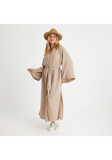 Pamuklu Dokuma Beli Kuşaklı Maxi Kadın Kimono Kaftan - Small Medium Bej