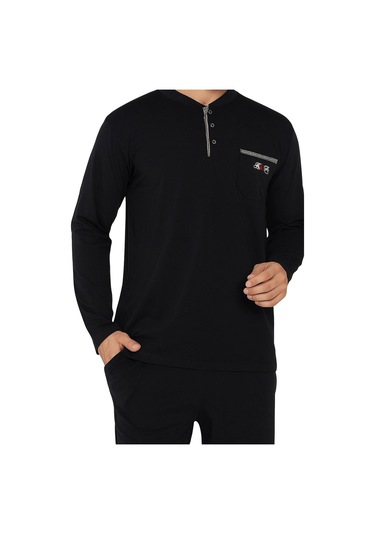 Erkek Siyah Bisiklet Yaka 3 Düğmeli Göğüs Cepli Pamuk Likra Mevsimlik Uzun Kol Cepli Pijama Takımı Siyah