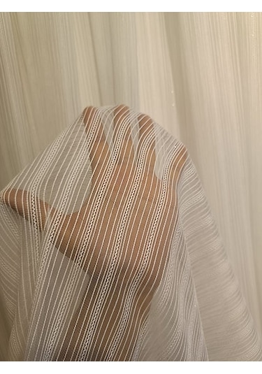 Çizgili, Kırışma Yapmaz, Ütü İstemez 1/3 Sık Pile Ekru Tül Perde