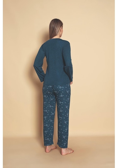 Yüksek Kalite Bambu İnterlok Kadın Pijama Takımı P5046 Petrol Mavisi