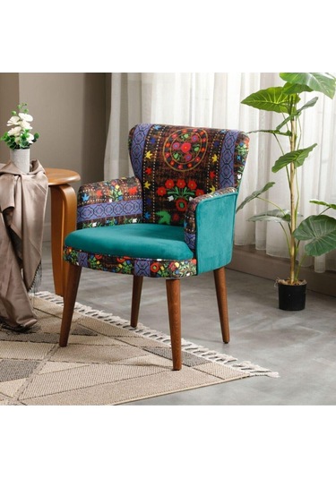 Tekli Etnik Desen Kumaş Krem Ahşap Ceviz Ayak Çay Seti Koltuk Takımı Ofis Koltuk Takımı Etnik