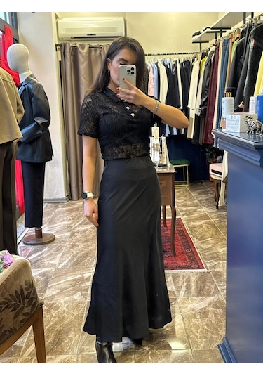 Ayçagüney Saten Beli Lastikli Maxi Etek - Siyah Siyah