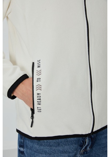 Tommy Life Ekru Yazı Nakışlı Dik Yaka Fermuarlı Standart Kalıp Erkek Sweatshirt Polar - 87992 Ekru