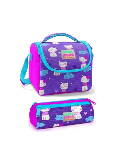 Coral High Kız Çocuk Pembe Mor Kedi Beslenme Çantası Seti