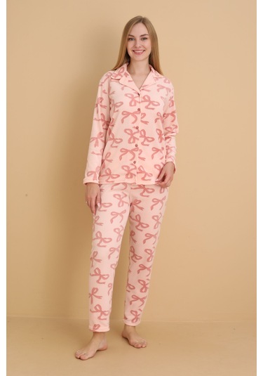 Fwn 1608 Boydan Düğmeli Polar Kumaşlı Kışlık Kadın Pijama Takımı Pembe