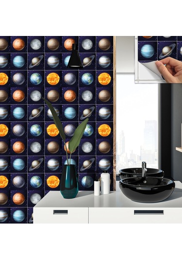 Tink Kendinden Yapışkanlı Renkli Gezegen Desenli Pvc Karo 30x30 Cm