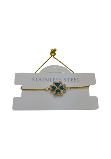 Altın Renk Yeşil Sedef Van Cleff Yonca Asansör Çelik Bileklik - 3634 Çok Renkli