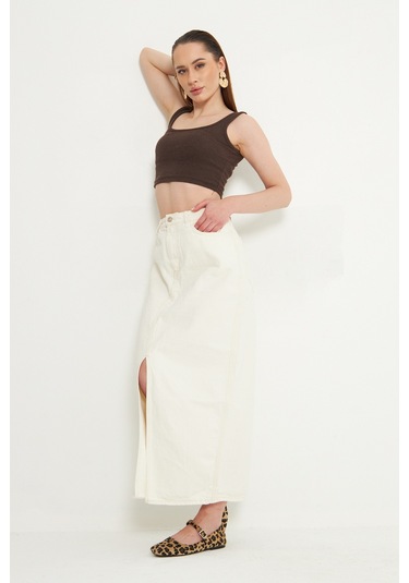Beyaz Uzun Onden Yirtmacli Spor Denim Etek Beyaz
